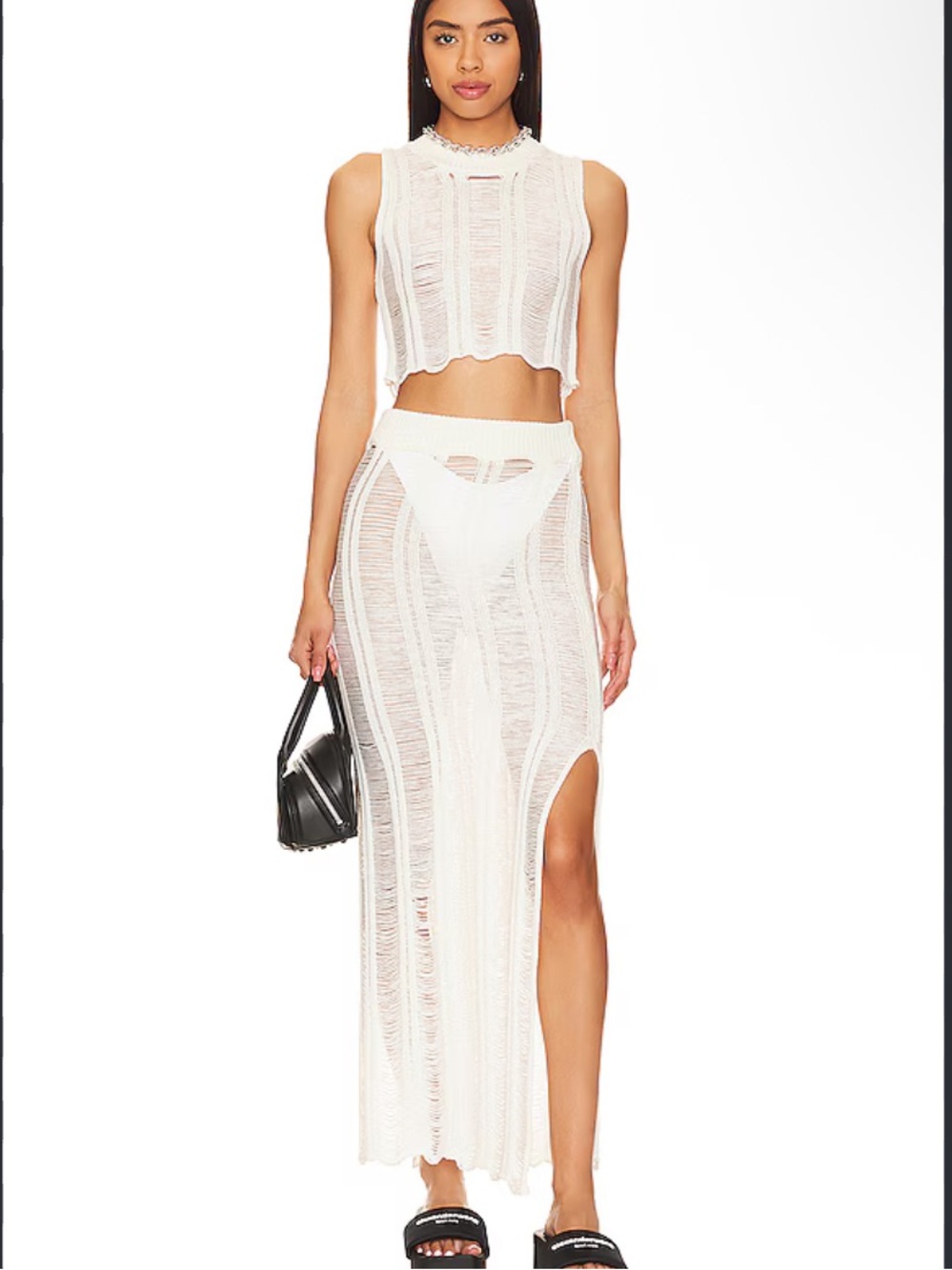 superdown White Crochet Maxi Skirt set with High Side Slit